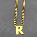 Hip hop 18K gold plated stainless steel Cuban chain necklace with large capital letter R pendant - Letter R / Gold