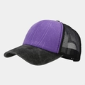Detail view of washed trucker hat with purple vintage crown and black mesh back - Purple