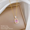 Detail of luxury gold necklace with pink oval stone and crystals including product dimensions - Titanium Steel Chain Copper Micro-inlaid Pendant / Pink Gemstone Gold Necklace (P419)