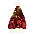 Sparkly red and gold sequin Santa beanie with a soft white knit brim and pompom - Adult / Two-Tone Sequins