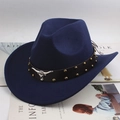 Dark blue felt cowboy hat with leather band and decorative silver bull head stud - Riveted Bull Head / Navy Blue