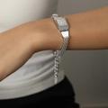 Pulsera de cadena trenzada plateada con eslabón rectangular con incrustaciones de diamante - Diamante Checo Color Plata (14+3cm)