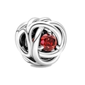 Silver bead charm with a round red gemstone center and layered metallic wire design - July Red
