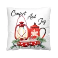 Christmas pillowcase with watercolor teapot, holly and Comfort And Joy script text - Style 30-White Watercolor Comfort And Joy