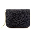 Elegant black accordion card holder with textured 3D floral fabric and gold zipper - Black