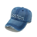 Distressed blue denim baseball cap with Boston embroidery and vintage ripped details - M (56-58cm) / Blue