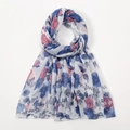 Lightweight white voile scarf with blue and pink floral print for women on white background - White Blue Pink Rose