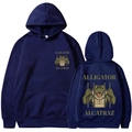 Dunkelblauer Alligator Alcatraz Hoodie mit Cartoon-Grafikdruck auf Vorder- und Rückseite - S / Marineblau