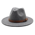 Macro detail of dark grey wool fedora hat featuring a brown leather strap with silver buckle - M (56-58cm) / Deep Heather Grey