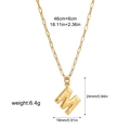 Gold bubble letter M pendant with paperclip chain and detailed product dimensions - Letter M