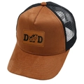 Detail of suede baseball cap with mesh back and leather DAD cow patch on brown crown - DAD / Brown