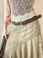 Vintage dark brown studded leather belt with brass buckle on a pleated green skirt - Rivet Retro Pin Buckle Belt (2# Waist Chain-Coffee)