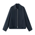 Minimalist navy blue zip-up jacket for women with shirt collar and elastic hem details - S / Blue
