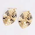 Detail of golden hollow leaf earrings with textured pattern on white background - Gold