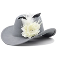 Detail of grey wool cowboy hat featuring a large cream flower and feather accents - 04 Light Grey