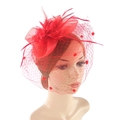 Elegant red vintage fascinator hat with polka dot veil and feathers for horse racing - Red