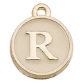 Golden R letter charm with cream enamel finish and metal border for DIY jewelry - Letter R / 1 Piece (12x14mm) / Champagne