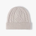 Dicke beige Beanie aus Wolle mit Zopfmuster und geripptem Umschlag für den Winter - Einheitsgröße / Beige