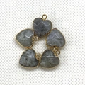 Close-up of five heart-shaped grey stones with gold plating and top hanging loops - 15x18mm / Flash Stone (Labradorite)