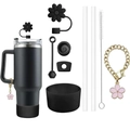 8-piece black Stanley cup accessory set with flower straw covers and protective silicone boot - 9-Piece Set / Black