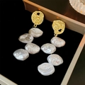 Elegant gold irregular round earrings with white baroque faux pearl long tassels - Gold with White Pearls