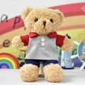 Classic brown teddy bear plush toy wearing a red and grey polo shirt and blue pants. - 30 cm / Red Grey