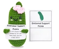 Macro shot of green crochet cucumber doll with pink bow and emotional support card - Pink Bow Cucumber + Card