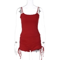 Detail of red two-piece rib-knit set with camisole top and drawstring shorts on mannequin - S / Red