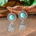 Macro shot of vintage silver bohemian drop earrings with turquoise stones and bell tassels - Bell Style Tassel (HQEF-1062)