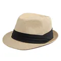 Classic beige Panama straw hat featuring a wide black ribbon trim for summer - One Size Approx 56-58cm / Beige