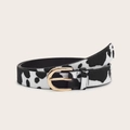 Women's faux calf hair belt with black and white cow print and gold D-ring buckle - Style 1 (Cow Print/D-Ring Buckle)