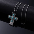 Retro antique silver cross necklace with five turquoise stones on a steel box chain - Five Turquoise Cross