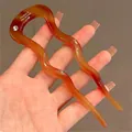 Amber-colored U-shaped hair pin with wave design and rhinestone, France handmade style - Wave With Zirconia / Coffee U-Shaped Hair Stick With Rhinestone