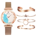 Close-up of rose gold quartz watch with blue cat dial and matching bracelets set - Watch + Bracelet / Rose Gold