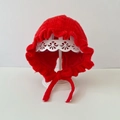Infant red knitted bonnet with ruffled lace trim and ear protection straps for winter - Red - Lined