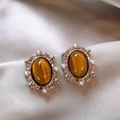 Vintage gold oval tiger eye earrings with small pearls on grey satin background - Vintage Palace Style Brown Tiger Eye Pearl Style (1#)