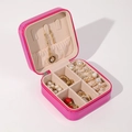 Portable bright rose pink jewelry organizer box with velvet lining and ring slots - 10*10*5 / Rose Red