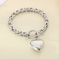 Detailed shot of silver Byzantine chain bracelet with heart charm and OT clasp - Steel Color Bracelet (KB202484-Z)