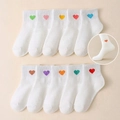 Pack of ten white mesh cotton socks with colorful embroidered heart patterns for kids - Flat Panel With Colorful Little Hearts [white Mixed] / 3-5 Years (Feet length 13-15cm)