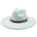 Detail of mint green suede fedora hat with brown braided leather band and metal buckle - M (56-59cm) / Mint Green Faux Suede