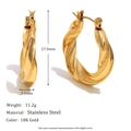 Twisted geometric hoop earrings in 18K gold plated stainless steel, 27mm height - Twisted Round Hoop Earrings - Gold