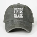 Detail of vintage washed cotton baseball cap featuring I FIX STUFF printed lettering - One Size / Army Green