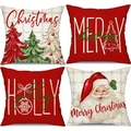 Set of 4 Christmas pillow covers with festive tree, Santa, and snowflake patterns - Red Beige Solid Cotton Linen Set