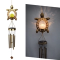Solar powered bronze turtle wind chime with yellow crackle glass ball in dual view - Turtle Wind Chime