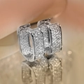 Elegant silver rectangle hoop earrings with micro-inlaid zircon and stardust texture - Frosted Silver Color