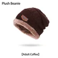 Coffee brown knitted winter hat for adults with thick fleece lining and leather patch - Hat Only / Coffee