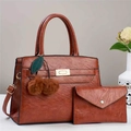 Borsa tote vintage marrone in similpelle con pompon a ciliegia e pochette coordinata - Giallo ocra