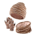 Conjunto de punto de invierno infantil con gorro de rayas marrones y blancas y guantes - Conjunto marrón mezclado para niños