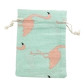 Floral cotton drawstring bag with mint green background and pink flamingo prints - 10*14cm / Green Flamingo