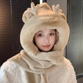 Écharpe à capuche 3-en-1 en peluche beige avec oreilles mignonnes pour l'hiver - Adulte / Ensemble 3 pièces amélioré / Café Foncé